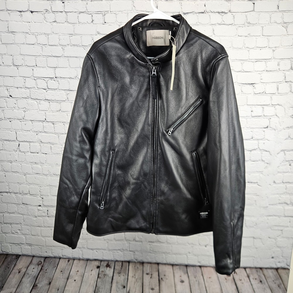 $228 Hudson Mens PU Racer Jacket Black Faux Leather Moto Coat HM-166 Size M